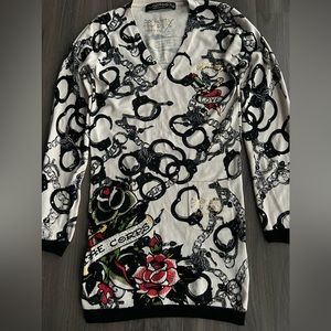 Ed Hardy Long Sleeve Sweater Dress Tunic Multicolored Rhinestones Size Small